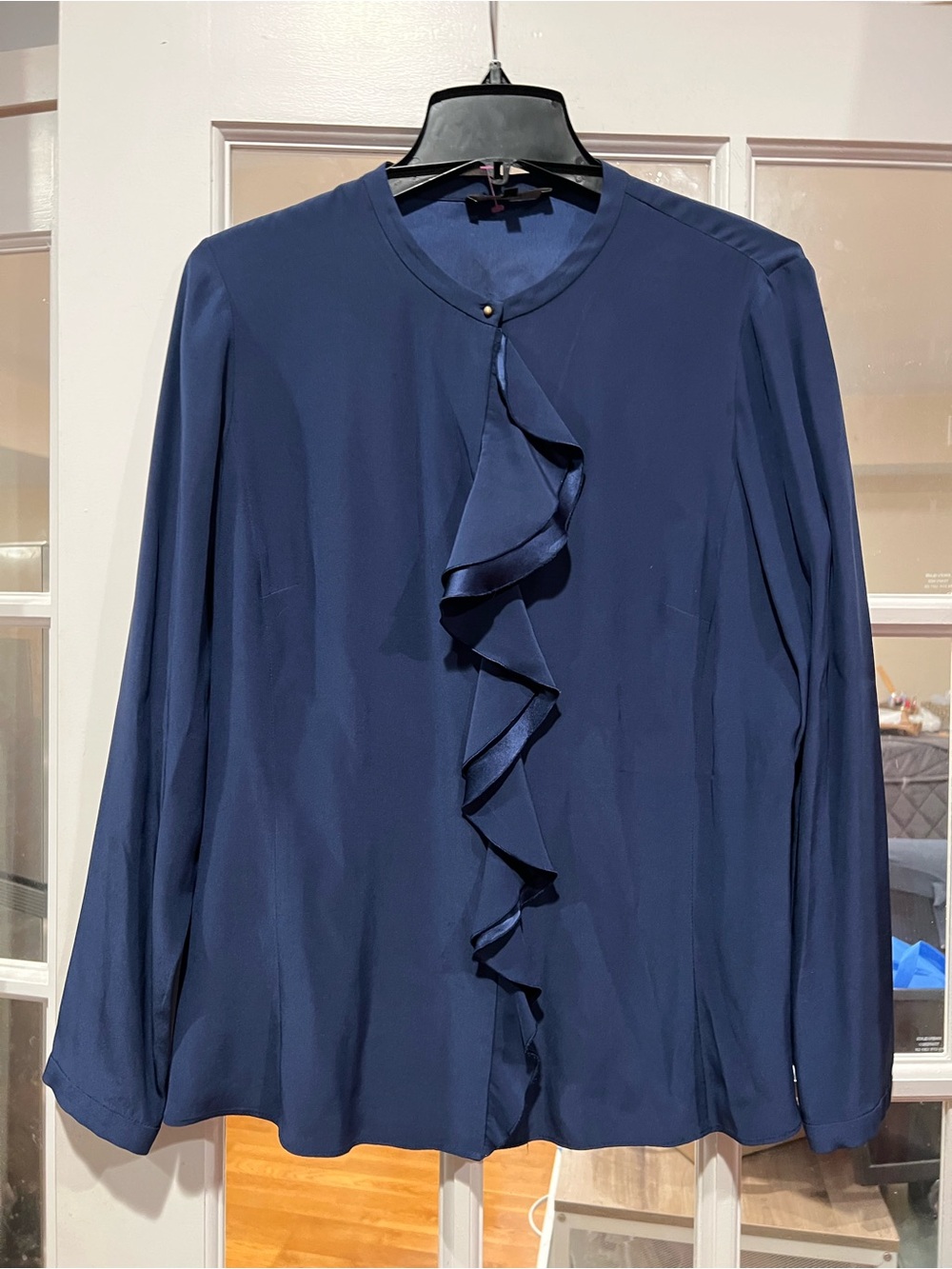Lafayette 148 New York Navy Ruffle-Front Blouse